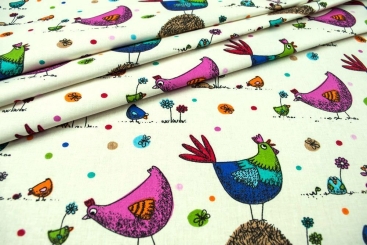 Baumwollstoff - Happy Chicken - Pink/Blau 