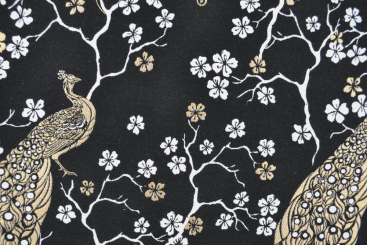 Dekostoff - Jacquard - Romantischer Pfau - Schwarz/Gold - 1,0 Meter 