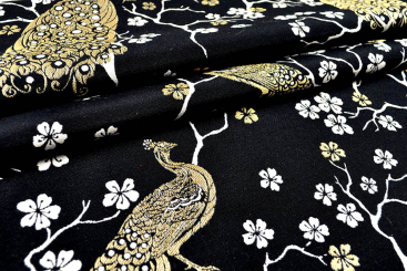 Luxus-Jacquard - Romantischer Pfau - Schwarz/Gold 
