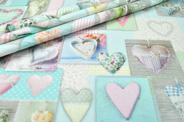 Dekostoff Baumwolle - Patchwork-Herzen Pastelltöne 