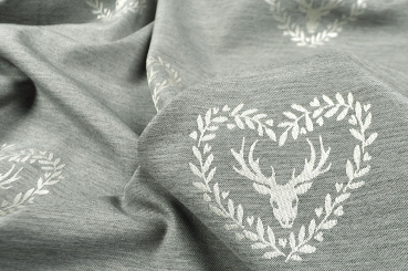 Dekostoff Jacquard - zweiseitig - Hirsch im Herz - Grau/Creme 