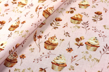 Baumwollstoff - Blumen und Cupcakes - Rosa 