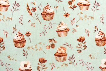 Baumwollstoff - Blumen und Cupcakes - Mint 
