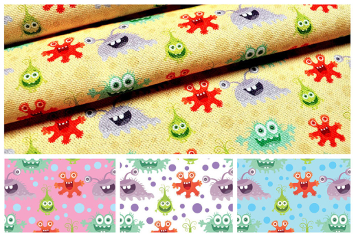 Freundliche, niedliche Monster auf klassischem Baumwollstoff 100 106107 Farbtafel Lustige Monster(3) Kinderstoffe Baumwollstoff - Lustige MonsterBaumwollstoff mit lustigem Monstermotiv