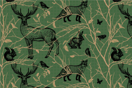 Blackout-Stoff permanent schwer entflammbar mit Waldtier-Print 103902 Mbelstoff Waldtiere Gross Dunkelgruen(1) Blackout / Verdunkelung Blackout perm. schwer entflammbar - Heimische Waldtiere DunkelgrünHirsch, Hase, Fuchs, Eichhörnchen und Vogel zwischen Ästen auf einfarbigem Hintergrund