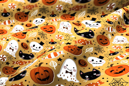 Toller Dekostoff mit süßem Motiv - super für tolle Dekorationen und vieles weitere mehr! 108934 Dekostoff Halloween Dekostoff - Süßes HalloweenGelber Dekostoff mit orangenen Kürbissen, Geistern und Katzen zwischen viel Süßigkeiten
