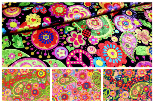 Fetziges, buntes Motiv auf anschmiegsamem Pannesamt 116 104344 Farbtafel Hippie Peace(2) Pannesamt Pannesamt - Hippie LoveBuntes Hippie-Flower-Power-Motiv auf Pannesamt in 4 Grundfarben