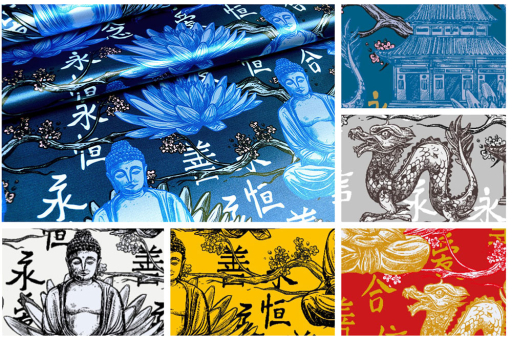 Geschmeidiger und glänzender Satin, bedruckt mit Muster im asiatischen Stil  117 101920 Farbtafel Chiese World S4y(2) China Seidenimitat Satin - Chinese WorldFarbtafel zu dem Satin-Stoff Chinese World