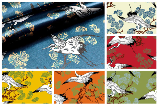 Geschmeidiger und glänzender Satin, bedruckt mit Kranichen im Asia-Stil  117 107500 Farbtafel Kraniche(1) China Seidenimitat Satin - Fliegende KranicheFarbtafel für den Satinstoff - Fliegende Kraniche