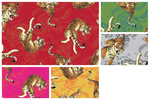 Geschmeidiger und glänzender Satin, bedruckt mit tierischem Motiv  117 107521 Farbtafel Tiger Gemustert Satin - Chinesischer TigerFarbtafel für den Satin-Stoff - Chinesischer-Tiger