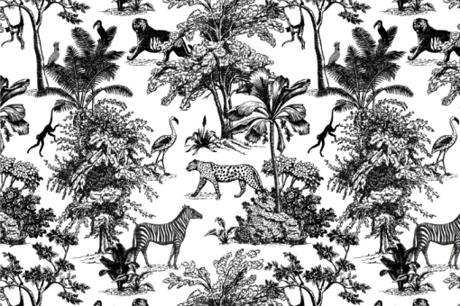 Ein aufwendig gestaltetes, tierisch schönes Motiv auf hochwertiger Dekostoff-Ware 130 107946 108012 Dekostoff Tropical Animals Schwarz (1) Dekostoffe Dekostoff Toile de Jouy - Animaux TropicalesFarbtafel mit Toile de Jouy - Motiv