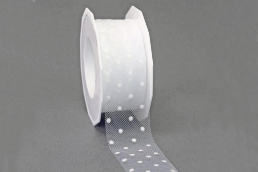 Transparentes Band in Weiß mit kleinen Tupfen 2764025  Orient Z1 Tüll-Bänder Tüllband Pünktchen - 40 mm - 25 m-Rolle