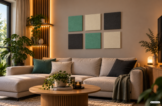 Schalldämmende Akustikpaneele im farbharmonischem Set - trendy Look für besten Sound! Ap1069 Quadrat Set Grn Setting Akustikpaneele Wand Akustikpaneel-Set 2 - Blue Fiber - Quadrat 33,3 cmAkustikpaneele an einer Wand