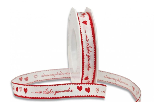 Geschenkband mit tollen Sprüchen. Ba253 Band Spruch Z1 Gemusterte Bänder Geschenkband - Sprüche "... mit Liebe gemacht" - 15 mm - 20 m-Rolle