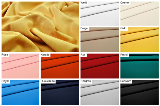 Die schwerere Deluxe-Variante unseres Crêpe-de-Chine-Stoffes -  weich, hautsympathisch und angenehm auf der Haut! Bk6041 Crepe De Chine Deluxe S4y(2) Blusenstoffe Crêpe de Chine deluxe - UniFarbtafel mit Deluxe-Kreppstoffen in verschiedenen Farben