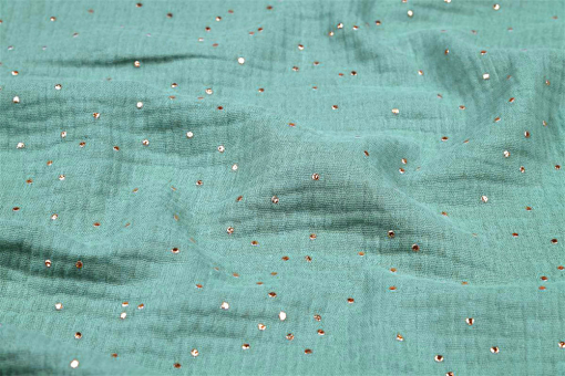 Trendstoff Musselin, besetzt mit glänzenden Tupfen - ein toller Effekt für Bekleidung, Bettwäsche und mehr Bk6296 Musselin Goldglitzer Dusty Mint Baumwolle Punkte Musselin - Goldflocken - MintMintfarbener Musselinstoff mit goldenen Tupfen