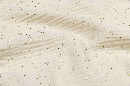 Edler Glanzeffekt auf dem beliebten lockeren Baumwollgewebe, auch bekannt als Double Gauze Bk6296 Musselin Goldglitzer Natur Baumwolle Punkte Musselin - Goldflocken - NaturMusselinstoff mit goldenen Tupfen