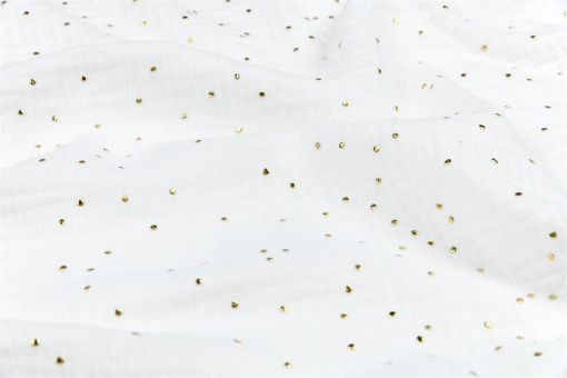 Metallisierte Goldtupfen auf klassischem Musselin - reine Baumwolle, locker verwebt, mit dem besonderen Glanzeffekt! Bk6296 Musselin Goldglitzer Weiss Baumwolle Punkte Musselin - Goldflocken - WeißWeißer Musselinstoff mit goldenen Tupfen