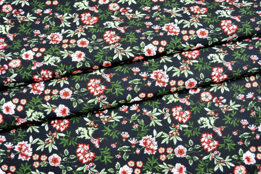 Hübsches Blümchenmuster auf Stoff aus 100% Viskose - ideal für Bekleidung und mehr! Bk7089999 Viskosestoff Bluemchen Schwarz S4y bedr. Bekl. Stoffe Viskosestoff - Fiore - MarineDunkelblauer Stoff aus Viskose mit buntem Blümchenmuster