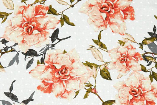 Eingewebte Stoffknötchen peppen auf diesem leichten Gewebe Optik und Haptik gehörig auf! Bk7259 Dobby Viskose Blueten Viskose Viskosestoff Dotty - FlowersViskosestoff mit Pünktchen und Rosen