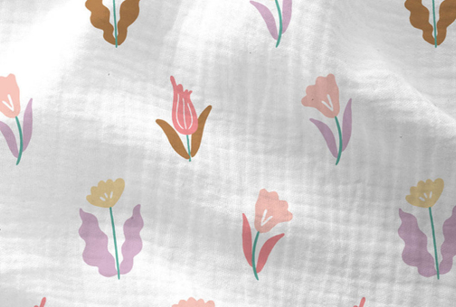 Weicher und luftiger Musselinstoff mit zartem Blumen-Design Bk7694 Doublegauze Blumen Musselin Stoffe Musselin - Pastell-BlütenSchöne Blumen in Pastellfarben auf weißem Musselin