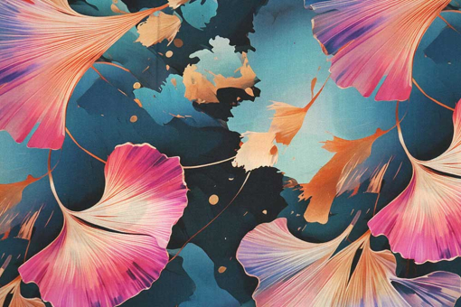 Ein florales Meisterwerk in sanften Rosa- und Lilatönen auf einem kühlen, blauen Hintergrund – für kreative Modeideen. Bk7803  Viskose Ginkgo Blush Kleiderstoffe Viskosestoff - Ginkgo BlushViskosestoff Gingko Blush