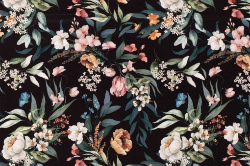 Ein eleganter Blütenprint auf dunklem Grund – für Stoffprojekte mit Charakter und Stil. Bk7816 Tanzkleidstoff Stella Tanzsport Stoffe Tanzkleiderstoff - StellaElastikstoff in Schwarz mit Blumen-Design