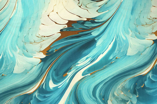 Marmorierte Wasserwellen in Türkis und Gold – dieser Viskosestoff ist pure Bewegung auf Meterware. Bk7849 Viskosestoff Laguna Blusenstoffe Viskosestoff - LagunaViskosestoff mit blauem Verlauf