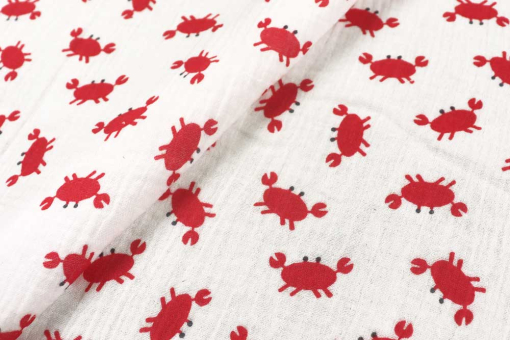 Musselin im maritimen Stil - ein niedlicher Volltreffer für Kids und Seebären! Bk7921 Musselin Krabben S4 Musselin Stoffe Musselin - KrabbenMusselin mit Krabben-Motiv