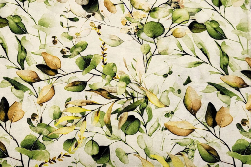 Geschmeidiger Jersey aus Viskose und Elasthan mit floralem Print in harmonischer Farbkombination Bk7970 Viskosejersey Gruene Pflanzen Viskose Viskosejersey - Green LeavesJersey mit Blättern