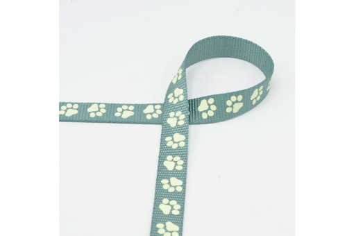 Webband in dunklem Mint mit reflektierendem Pfötchenmotiv - für mehr Sichtbarkeit! Bm1187412 Reflexionsband Pfoetchen Mint Borten/Bänder Reflexionsband - 20 mm - Pfötchen - MintMintfarbiges Webband mit reflektierendem Pfoten-Motiv