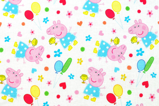Alle Freunde des frechen Schweins haben nun die Chance, leichte Bekleidung, Accessoires und Heimtextilien zu kreieren! Co6613 Baumwoll Dekostoff Peppa Pig Kinderstoffe Baumwoll-Dekostoff - Peppa Pig©Baumwollstoff mit Peppa-Pig-Motiv