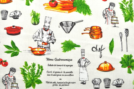 Feiner Cretonne mit detailreichem Motiv - wir wünschen Bon Appetit! Co6750 Baumwollstoff Koch  Baumwoll-Dekostoff - SternekochBaumwollstoff mit Küchenmotiv