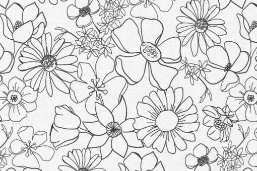 Der ideale Stoff, um kreativ zu werden! Individuell bemalbare Ware für alle, die Blumen lieben! Co6889 Ausmalstoff Blumen Baumwolle Kinder Ausmalstoff Baumwolle - BlütenWeißer Baumwollstoff mit schwarzen Blüten-Konturen zum Ausmalen