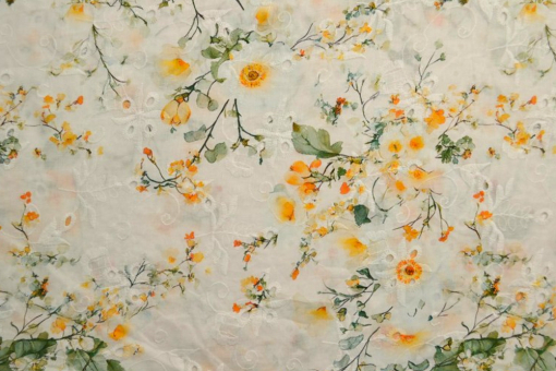 Zarter Baumwollstoff mit floralem Muster – ideal für Kleidung, Deko und kreative Nähprojekte.  Co6981 Baumwolle Stickerei Meadow Baumwolle Blumen Baumwollstoff - Bestickt - MeadowBaumwollstoff bestickt mit blumen