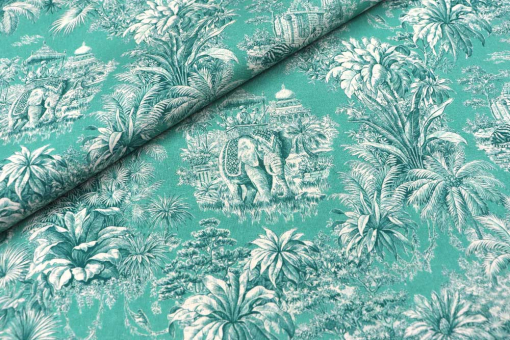 Toile de Jouy mal anders: Edler Cretonne mit Ethno-Motiv in ausgefallener Farbkombi! Co6997 Baumwollstoff Toile De Jouy Tuerkis S4 Dekostoffe Toile de jouy Baumwollstoff - Toile de Jouy - Mayani AquaBaumwollstoff mit Toile-de-JOuy-Motiv