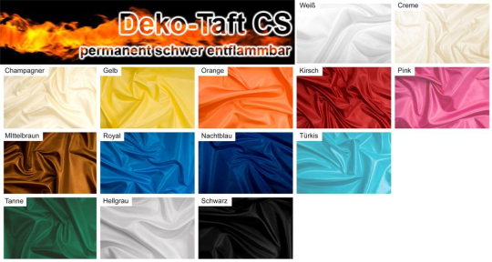 Deko-Taft aus Trevira CS - dauerhaft schwer entflammbar - in Überbreite für großformatige Dekorationen  Deko Taft Cs Farbtafel S4 Mit Z1 Dekostoffe Uni Deko-Taft - permanent schwer entflammbar - 310 cm