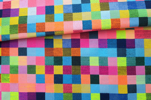 Auffälliger Deko-Jacquard mit klassischem Muster in grellen Farben Ds1803 Dekostoff Jacquard Neon Checks S4y Dekostoffe Jacquard Dekostoff Jacquard - Neon KaroBunter, auffälliger Jacquard-Stoff mit Karo-Muster