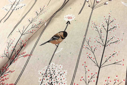 Verspielter Deko-Stoff - vielseitig einsetzbar und pflegeleicht Ds1810 Dekostoff Leinenoptik Vogel S4 in der Luft Dekostoff Leinenoptik - VögleinDekostoff mit Leinenstruktur und Natur-Motiv