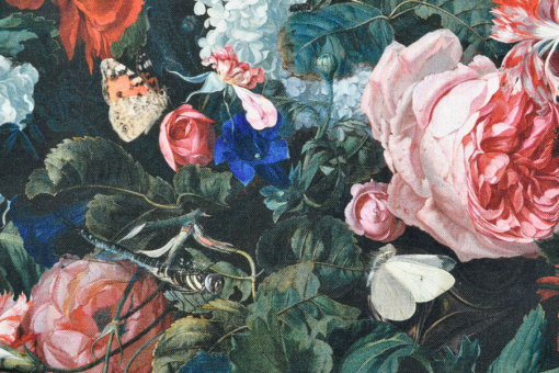 Halbpanama-Dekostoff aus reiner Baumwolle mit künstlerischem Blumenmotiv, wie aus dem 17. Jahrhundert Ds1841 Dekostoff Rosen (1) Rosen Premium-Dekostoff - BlumenzauberDekostoff mit Blumenmotiv