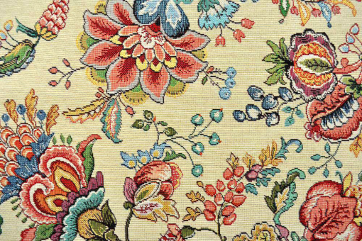 Schwerer, edler Dekostoff mit prächtigem Motiv, das ein tropisches und doch klassisches Ambiente schafft Ds1885 Gobelin Stoff Exotic Gobelin Blumen Gobelin-Stoff - ExoticGobelin mit buntem Blumenmotiv