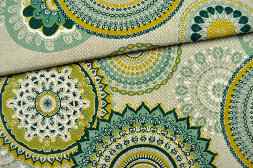 Hochwertiger Dekostoff mit detailreichem Mandala in schönen Grün- und Gelb-Tönen Ds2301 S4y Dekostoffe Gemustert Dekostoff Leinen-Look - Lenis  MandalaGelbes Mandala-Muster auf Dekostoff