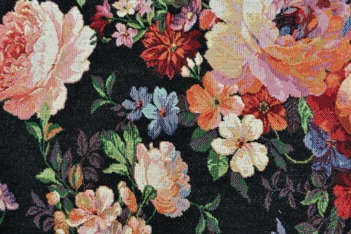 Schöner und zeitlose Gobelinstoff mit dekorativem Blumen-Muster - perfekt für individuelle Taschen und Unikate Ds2403 Gobelin Glitter Blumen(2) Blumen Gobelin-Stoff - Florale EleganzSchwarzer Gobelin-Stoff mit Blumen-Motiv