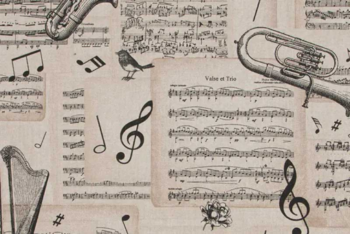Für Musiker und Nostalgiker: Rustikaler Dekostoff mit einem Mix aus Musiknoten, Vögeln und Instrumenten Ds2530 Dekostoff Musiknoten Klassiker Dekostoff Leinenoptik - SinfonieDekostoff mit Musik-Motiv