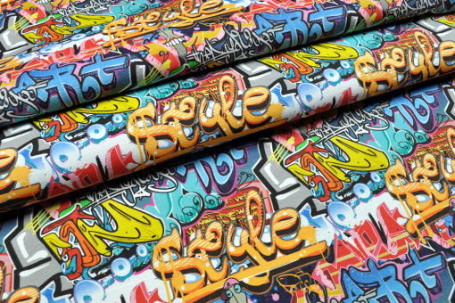 Kunterbuntes, sehr auffälliges Motiv auf überbreiter Dekostoff-Ware - super geeignet für Heimtextilien und mehr  Ds3199 Uberbreit Graffiti S4y(1) Sonstige - 280 cm Dekostoffe Dekostoff - Graffiti - 280 cm breitDekostoff in Überbreite mit Graffiti