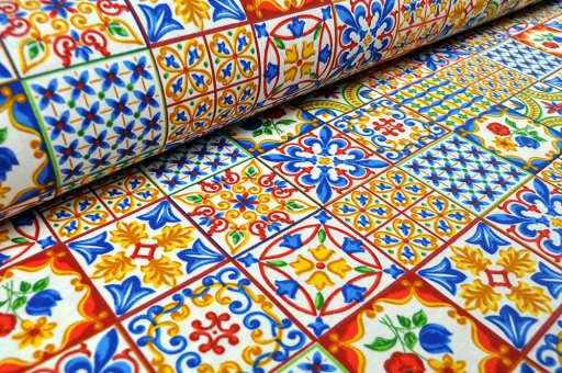Wunderschönes buntes Kacheldesign auf überbreitem Dekostoff Ds3218 Dekostoff Ueberbreit Keramik Look S4 Sonstige - 280 cm Dekostoffe Dekostoff - La Ceramica - 280 cmÜberbreiter Dekostoff mit Keramikdesign