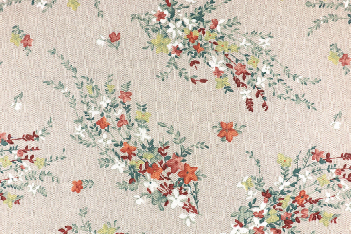 Florales Design mit Liebe zum Detail auf leicht rustikalem Mischgewebe mit 90 % Baumwollanteil Ds3363 Dekostoff Leinenoptik Blumen Mai Dekostoff Leinenoptik - Emilia - 280 cmDekostoff mit buntem Blumenmotiv