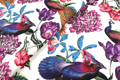 Exotischer Mustermix im intensiven Digitaldruck auf überbreiter Ware - jetzt zuschlagen! Ds3367 Dekostoff Pfauen S4 Tiere - 280 cm Dekostoffe Dekostoff - Peacock - 280 cmDekostoff mit Blumen