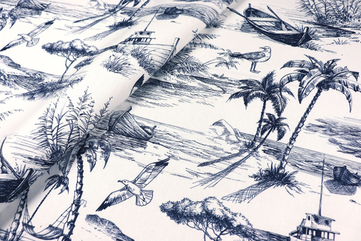Robuster Dekostoff mit Mustermix aus nostalgischem Toile und maritimen Motiven Ds3376 Toile De Jouy Maritim S4 Dekostoffe Maritim Dekostoff Premium - Toile Maritim - 280 cmDekostoff mit Toile de Jouy Motiv
