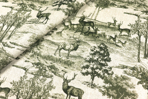Robuster Dekostoff mit romantischem Mustermix aus nostalgischem Toile und Wald-Motiven Ds3377 Toile De Jouy Wald S4 Tiere - 280 cm Dekostoffe Dekostoff Premium - Toile im Wald - 280 cmDekostoff mit Toile de Jouy Motiv